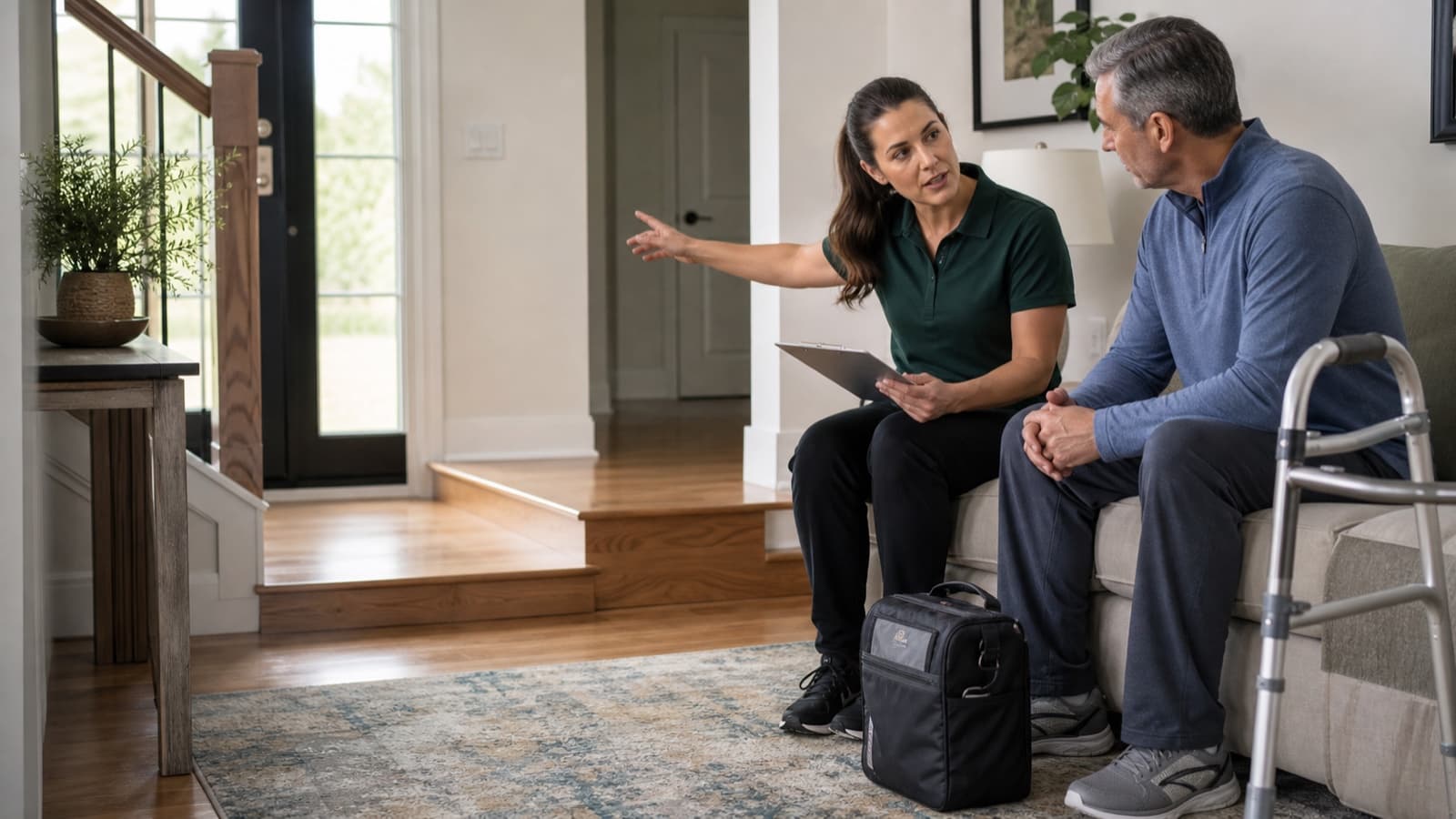 A support professional reviewing home access and mobility planning after surgery