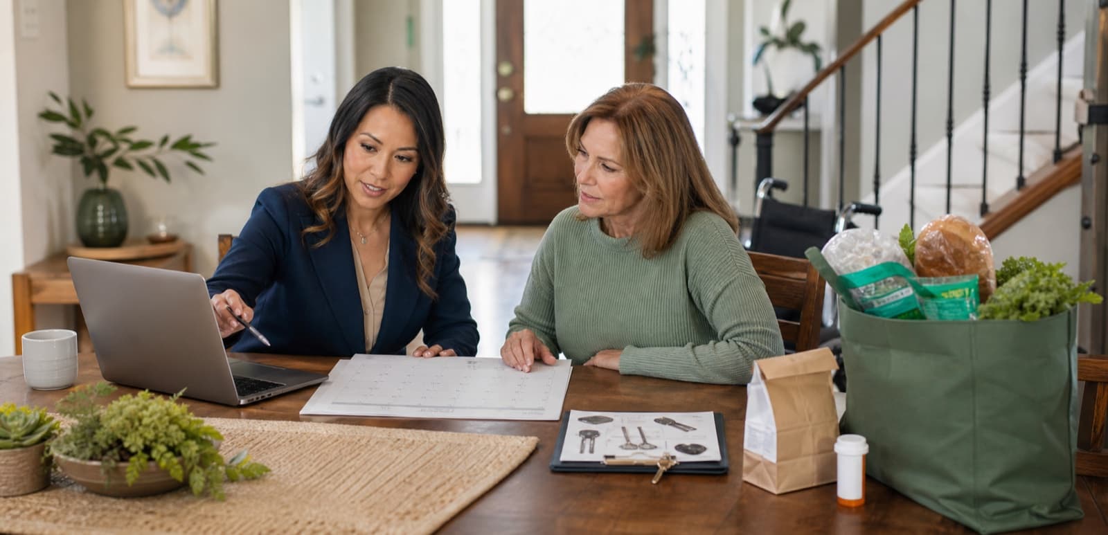 A recovery concierge coordinating a home recovery plan with a family caregiver