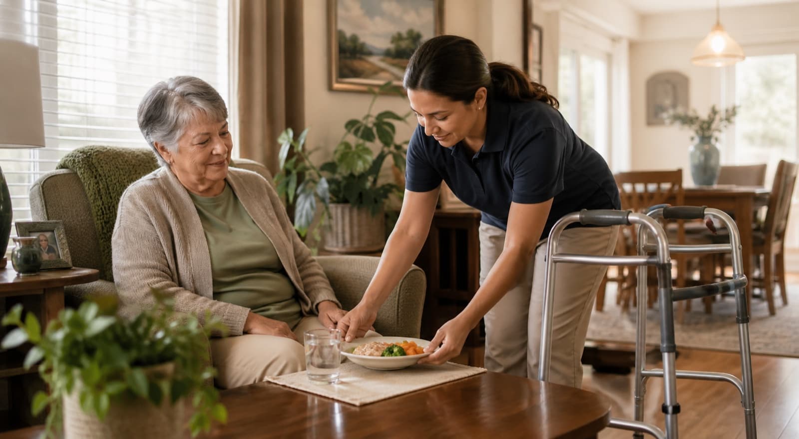 A caregiver helping an older adult with a meal at home