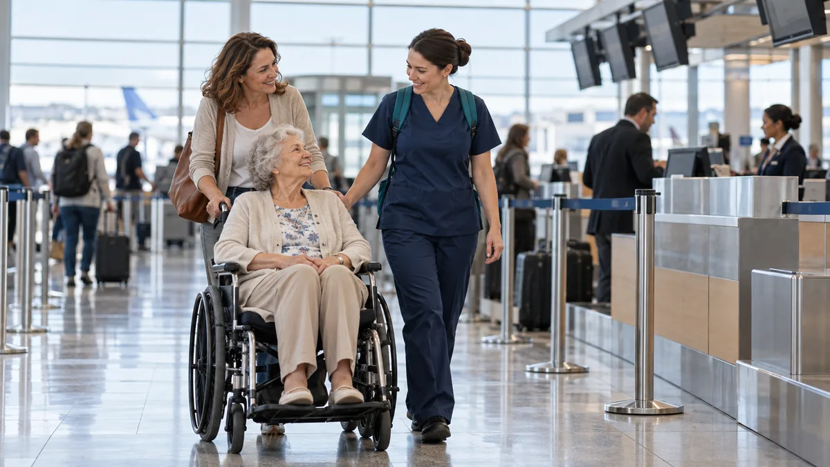 A nurse accompanies an older wheelchair user and her adult daughter at an airport check-in counter.