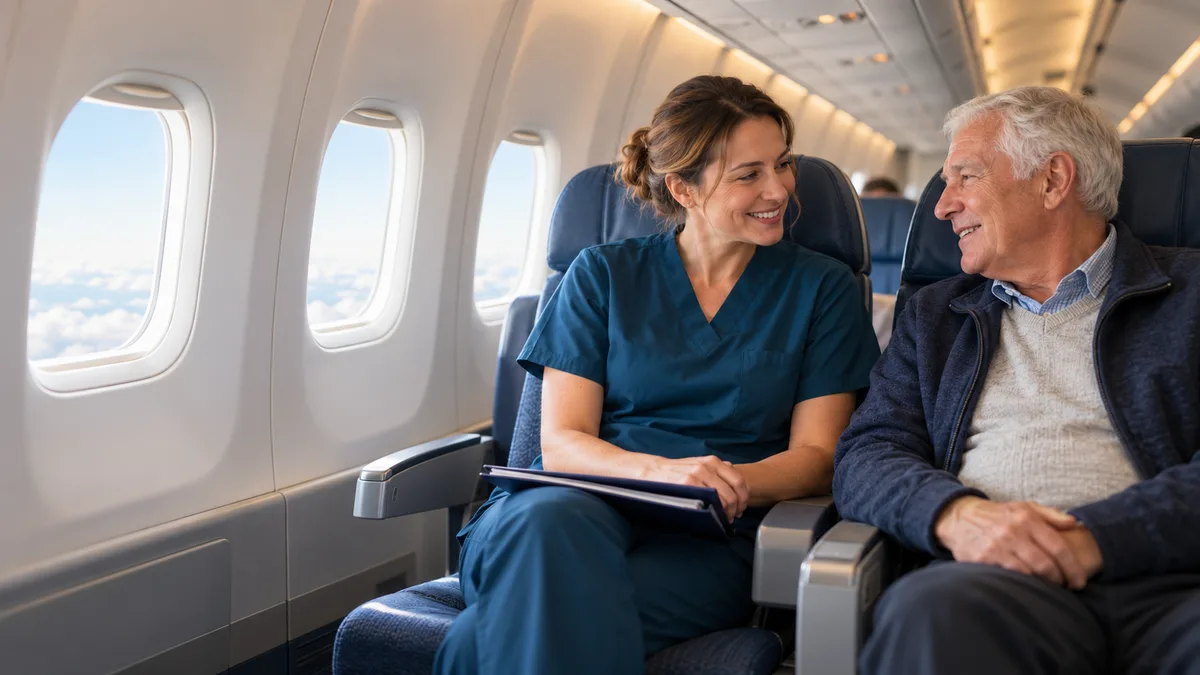 A nurse and an older male traveler sit together in an airplane cabin, discussing the journey with a small travel folder.