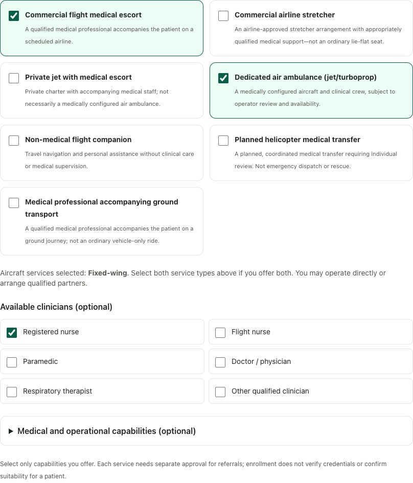 The enrollment form with multiple service choices. Demo company; no application was submitted.