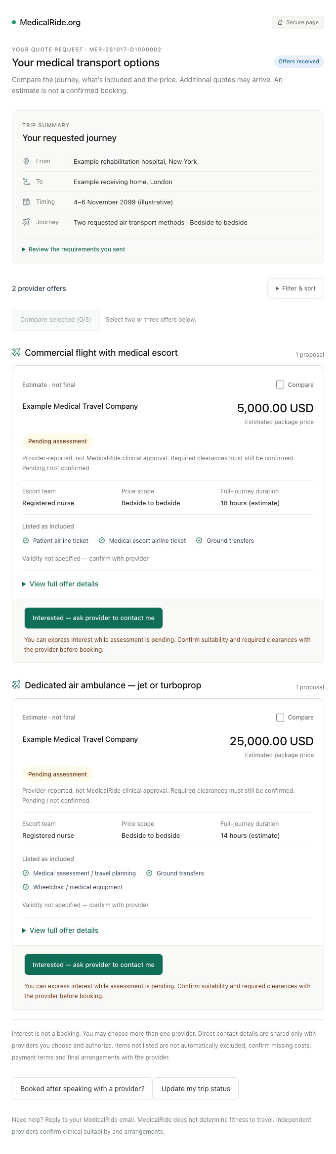The patient’s comparison page groups offers by transportation method. Example prices are not market estimates or evidence of savings.