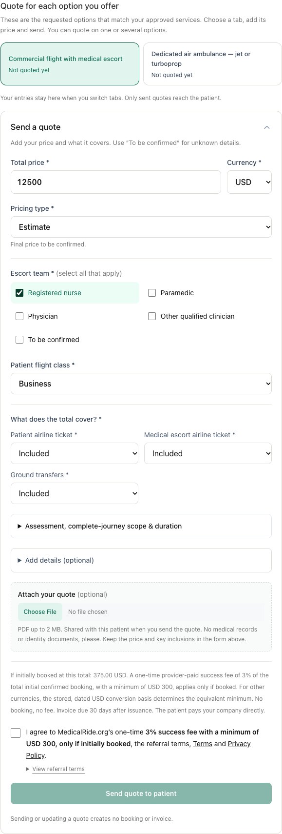 The provider response page with a separate tab for each invited service. The entered amount is illustrative, not a real quote.