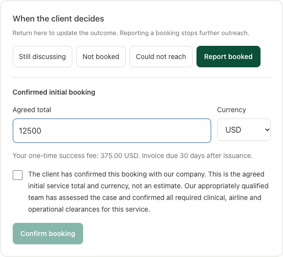 The outcome section on the same secure provider page. This demo shows the fee calculation before confirmation; no booking or invoice was created.