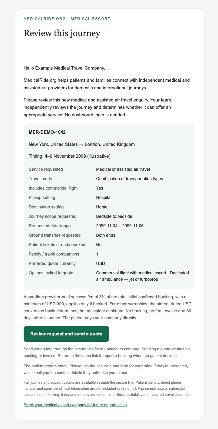An example generated by the MedicalRide request-email template. All journey and company information is synthetic.
