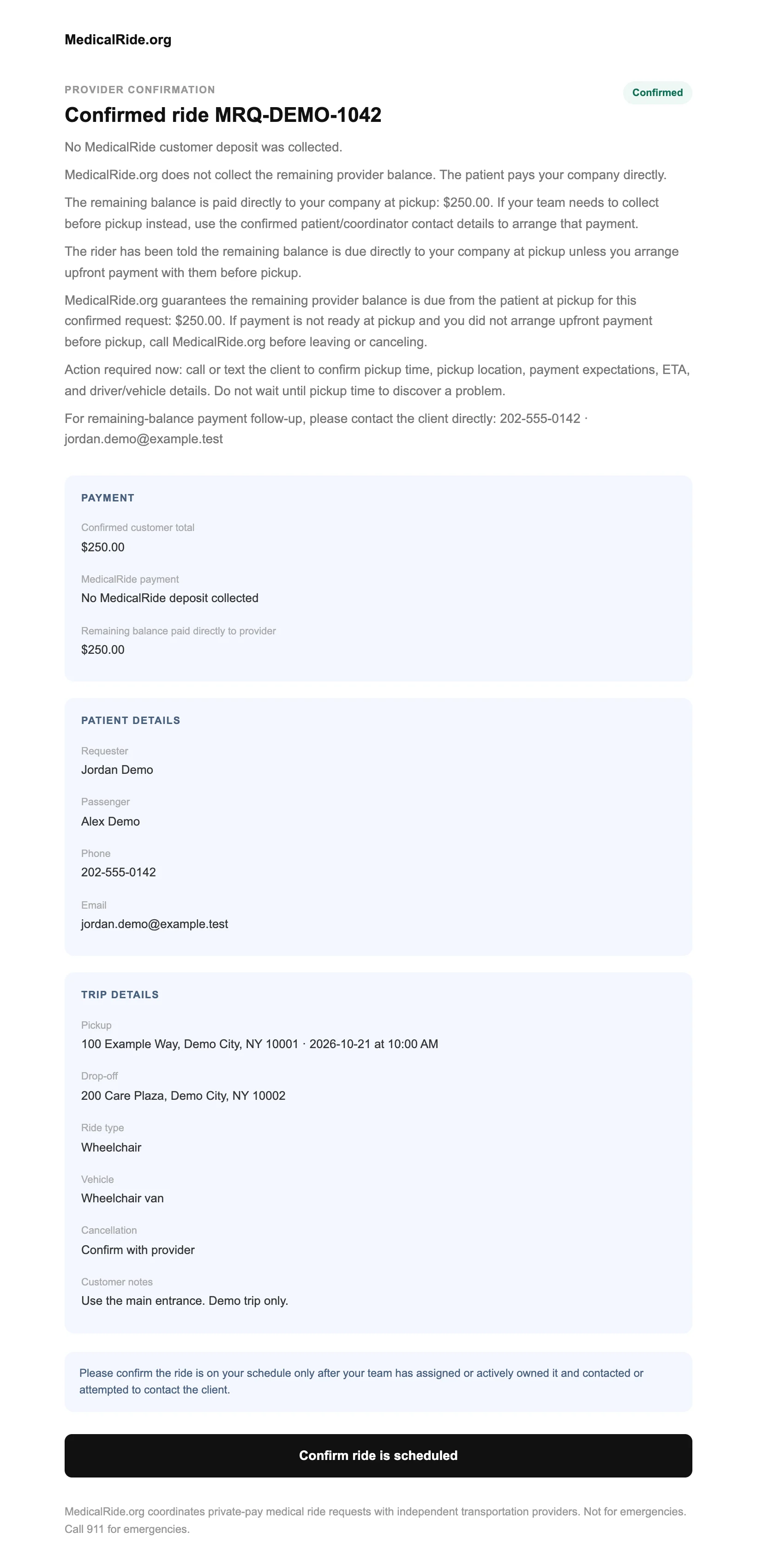 Demo provider confirmation email showing confirmed request MRQ-DEMO-1042, payment summary, patient contact, trip details and schedule confirmation action.
