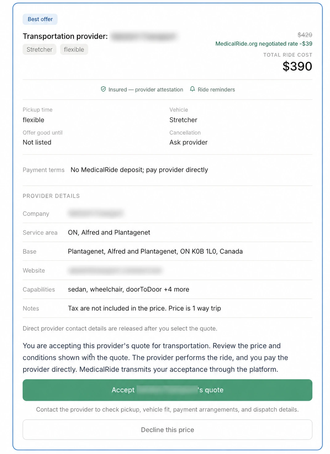 Patient quote review with price, provider details, Accept quote and Decline this price actions. Provider identity is blurred.