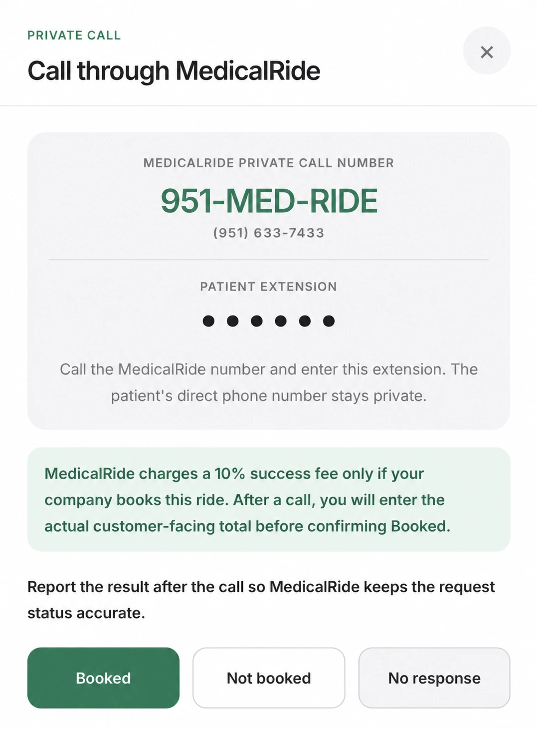 Private call instructions with the patient extension hidden and Booked, Not booked and No response actions.