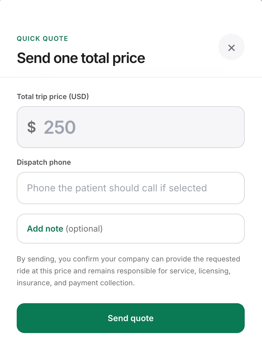 Quick quote form with total trip price, dispatch phone, optional note and Send quote button.