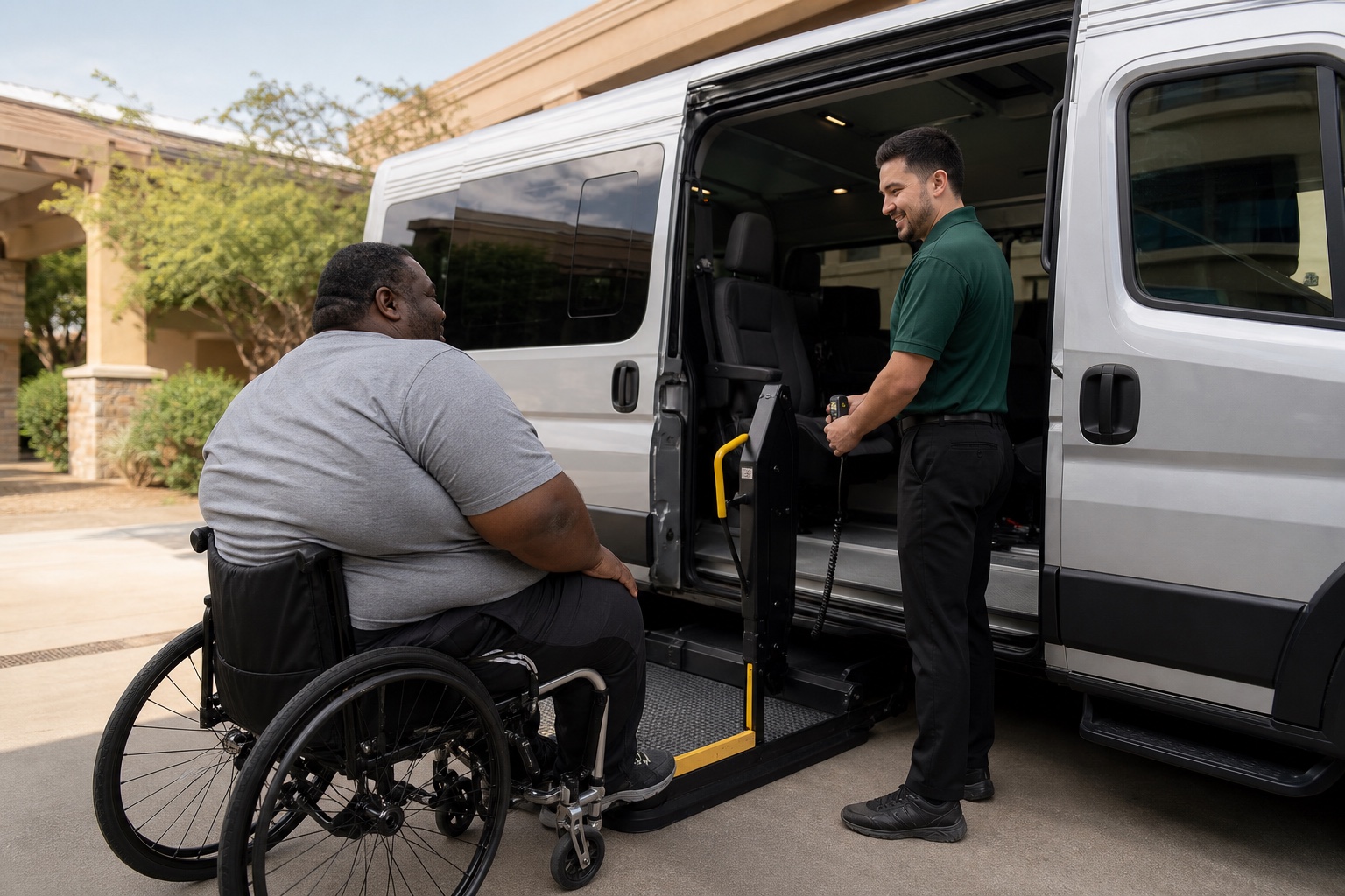 Bariatric wheelchair transport with a lift-equipped medical van