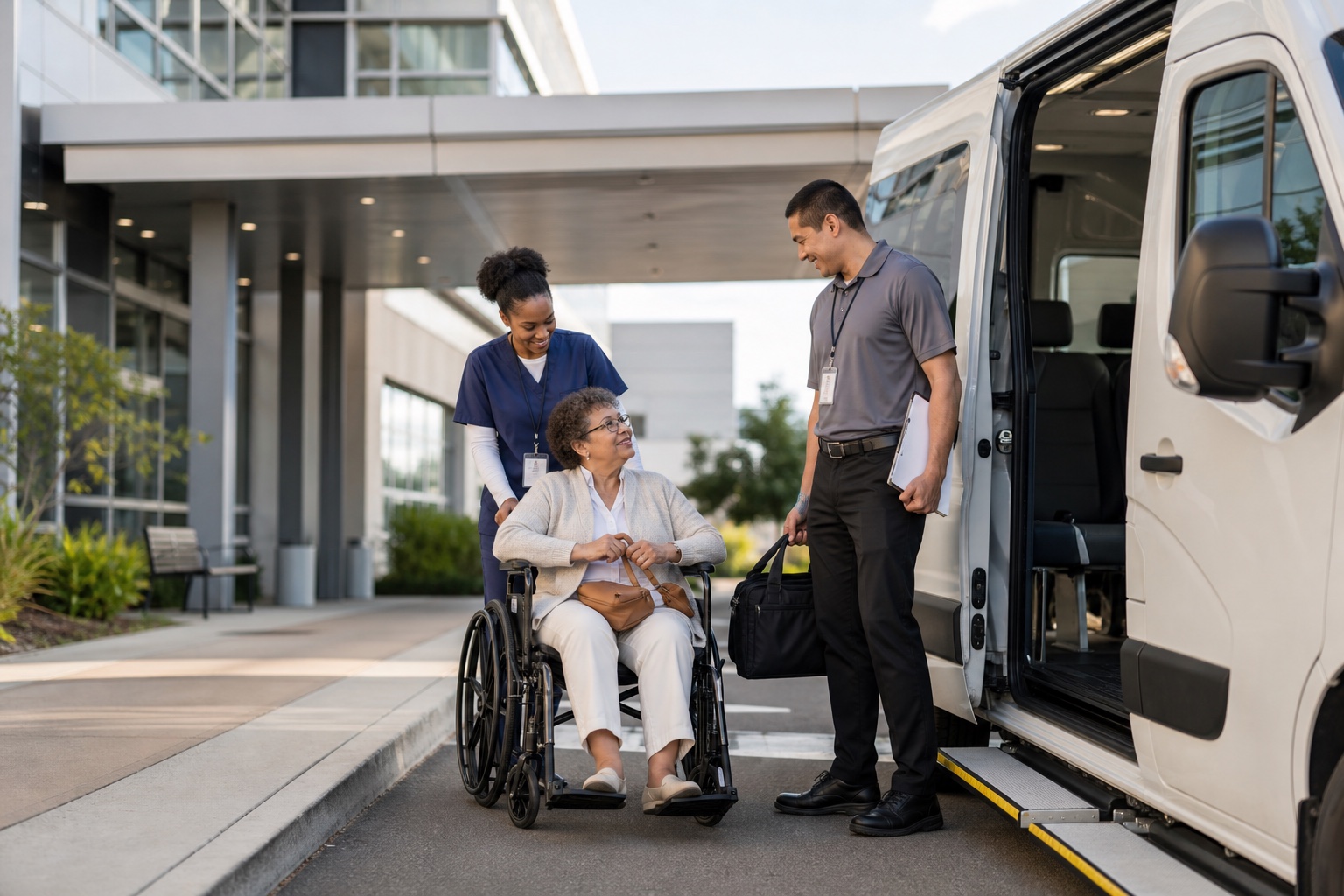 Hospital discharge wheelchair pickup at a medical center