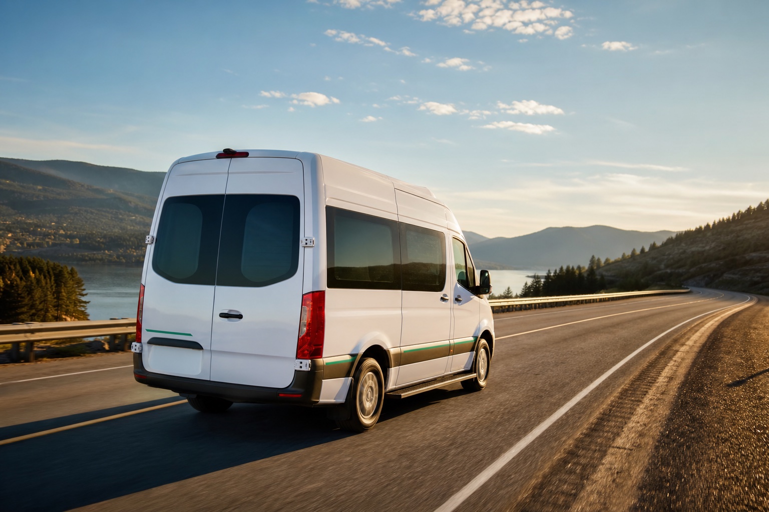 Long-distance medical transport van on the road