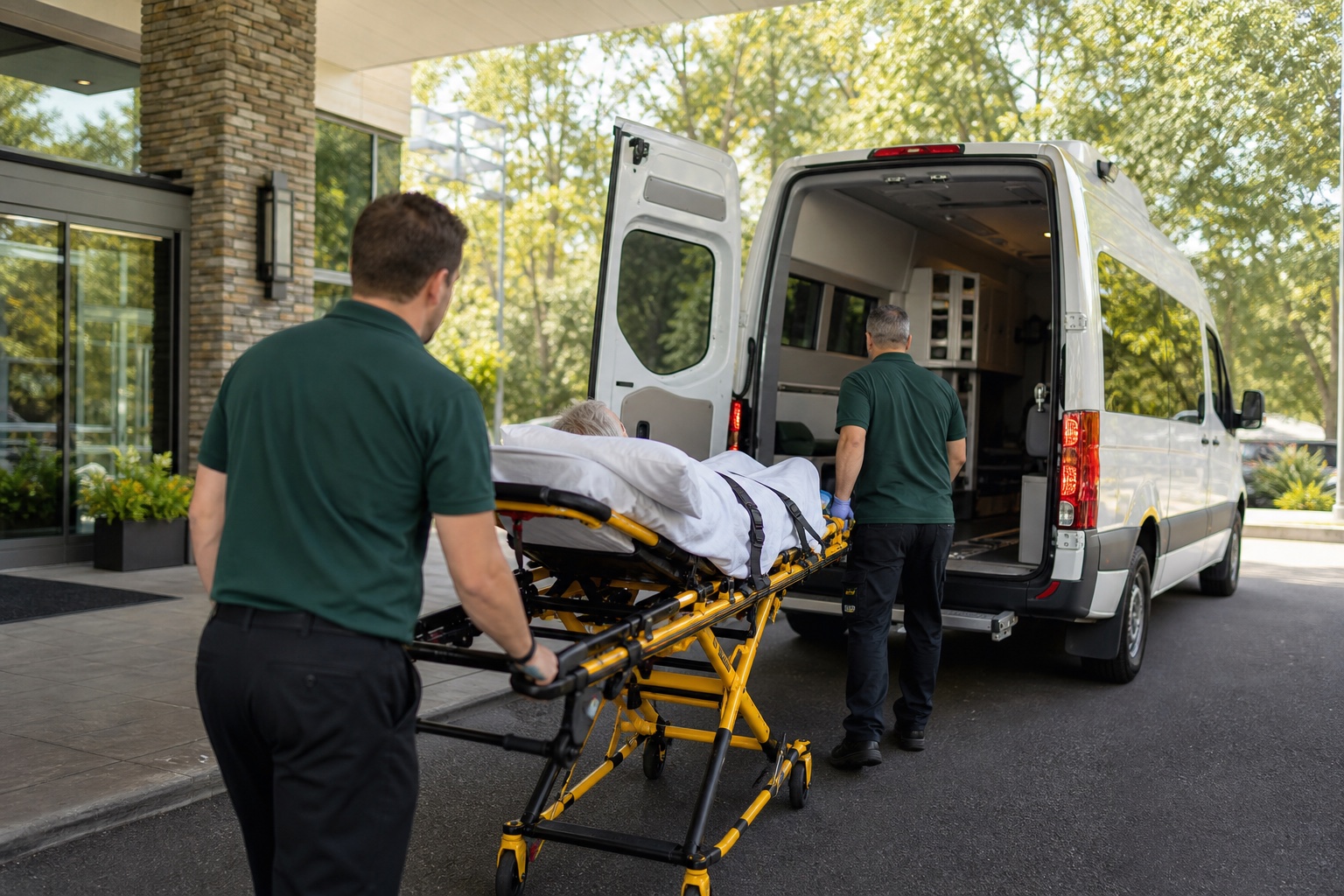 Stretcher transport team loading a patient into a medical transport van